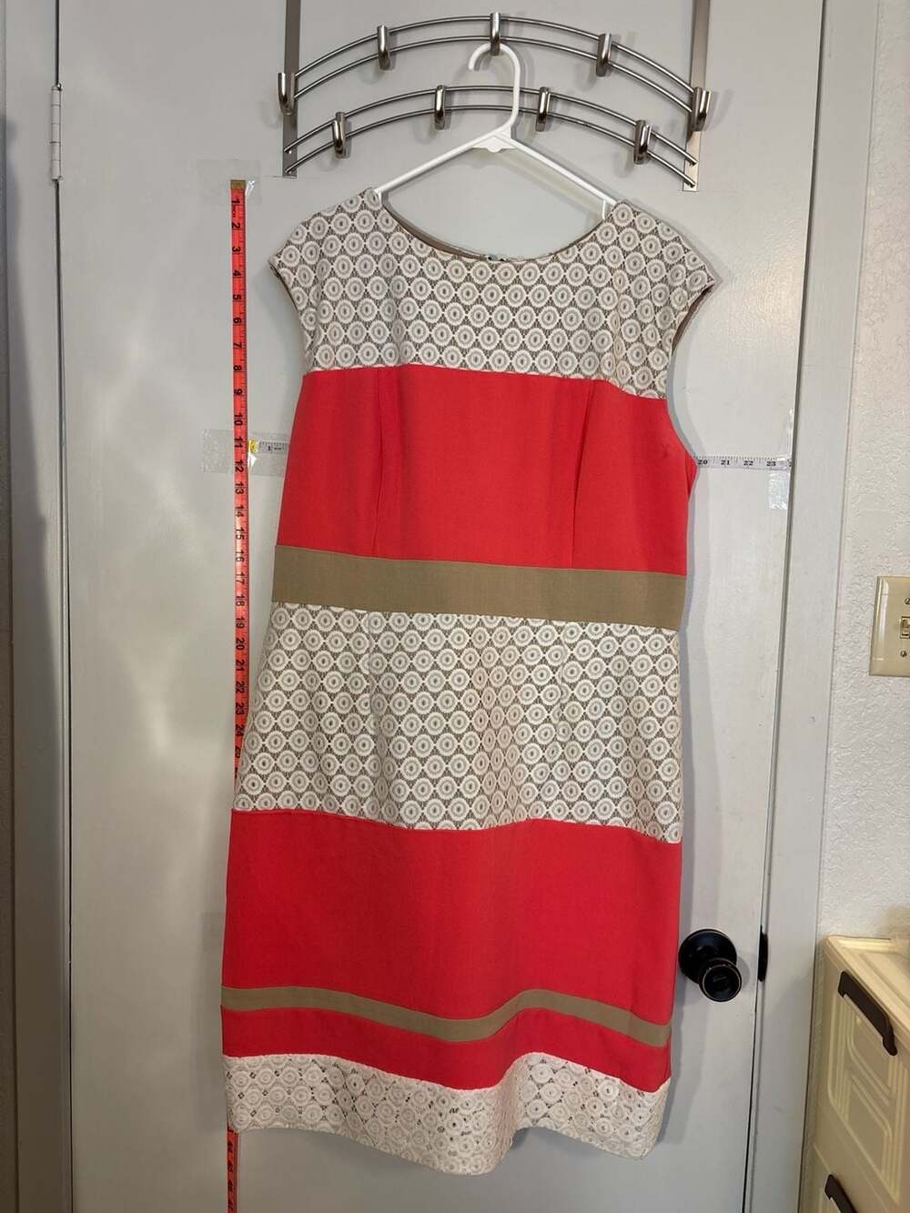 Studio One New York Lace Inset Colorblock Sheath Dress Coral Tan